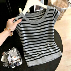 批发80-200斤内可穿大码女装S-XXXL条纹圆领冰丝短袖针织夏季薄款上衣