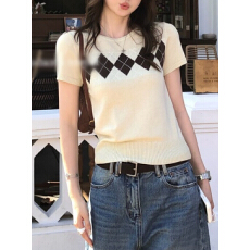 批发广州十三行爆款韩式菱格短袖<b class='q'>针织衫</b>女夏季修身T恤设计感冰丝上衣