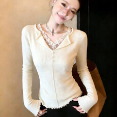 批发蕾丝拼接翻领长袖<b class='q'>修身</b>内搭针织衫女春秋季假两件木耳边打底衫上衣