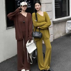 批发2025秋冬韩系新款小心机斜肩背心外套阔腿裤三件套或半身裙三件套