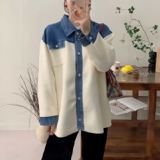 批发秋冬新款设计感牛仔拼接中长款<b class='q'>毛衣</b>外套女宽松洋气爆款针织开衫潮