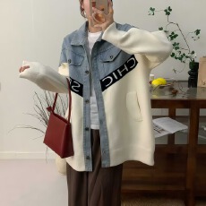 批发秋冬新款设计感牛仔拼接中长款<b class='q'>毛衣</b>外套女宽松洋气爆款针织开衫潮