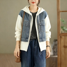 批发美式复古<b class='q'>牛仔</b>拼接连帽毛衣女2025秋冬季新款小众宽松显瘦时尚<b class='q'>外套</b>