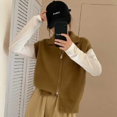 批发纯色半高领立领开衫针织马甲女韩版简约双拉链坎肩毛衣背心外搭潮
