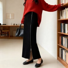 批发2025秋冬新款针织拉链长款韩版高腰a字毛线中长款<b class='q'>修身</b>包臀直筒裙