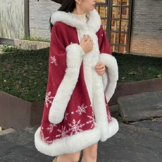 批发厚绒<b class='q'>高端</b>保温柔新年圣诞雪花印花仙时尚毛茸茸领百搭披肩斗篷外套