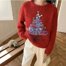 批发圣诞风设计感时髦重工亮片绒毛套头毛衣秋冬小众别致减龄长袖上衣