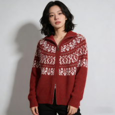 批发法式复古费尔岛圣诞提花半高领拉链门毛衣针织衫开衫软糯外套3色