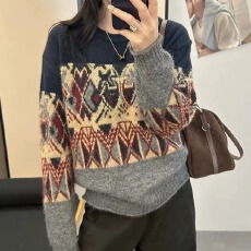 批发韩版慵懒风时尚圆领保暖针织毛衣女秋冬加厚复古提花<b class='q'>宽松</b>打底毛衫