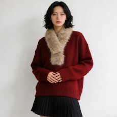 批发2025秋冬新款圣诞新年红毛领高级感欧美气质纯色加厚保暖围脖披肩