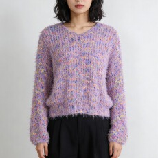 批发2025秋冬温柔彩点慵懒风毛衣女套头宽松百搭软糯V领针织衫上衣外