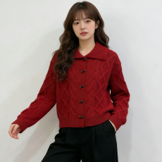 批发欧洲站2025冬季新款复古牛角扣翻领针织开衫女羊毛麻花毛衣外套女