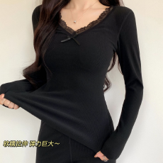 批发纯欲蕾丝花边V领长袖T恤秋冬新款带胸垫甜美蝴蝶结保暖打底套装