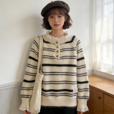 批发毛衣女韩国2025秋季小众甜美减龄花瓣袖条纹系扣领针织衫长袖上衣