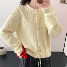 批发韩系纯欲抽绳圆领<b class='q'>长袖</b>针织开衫女2025冬季新款收腰小众设计感上衣