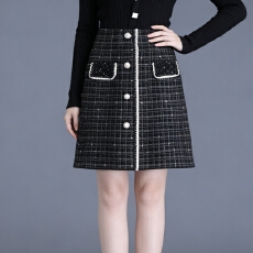 批发格子水晶绒毛织半身裙2025<b class='q'>秋</b>冬韩版高腰显瘦假口袋包臀a字中裙女