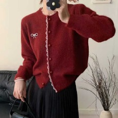 批发2026春季新款拼接蕾丝蝴蝶结针织开衫女温柔氛围感过年红色毛衣