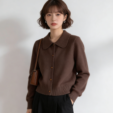 批发安迪绒话里简约风娃娃领浣熊开衫新款<b class='q'>韩版</b>翻领显瘦上衣针织衫女