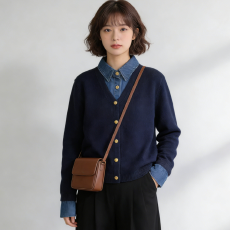 批发韩系假两件拼接上衣通勤羊毛针织开衫显瘦撞色时尚长袖新款别致女