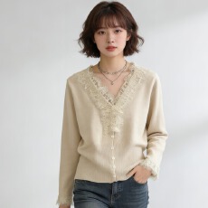 批发蕾丝v领针织衫女<b class='q'>开衫</b>毛衣春秋冬设计感独特别致<b class='q'>短款</b>上衣打底衫女
