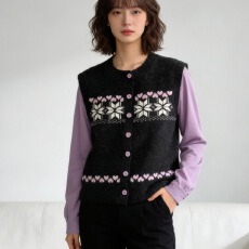 批发撞色假两件长袖费尔岛爱心提花雪花针织开衫毛衣女<b class='q'>时尚</b>减龄上衣潮