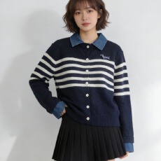 批发韩系翻领牛仔拼接条纹针织开衫女设计感宽松学院风假两件毛<b class='q'>衣外套</b>