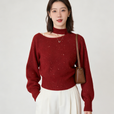 批发法式挂脖露肩毛衣女2025秋冬新款设计感小众软糯保暖<b class='q'>百搭</b>针织上衣