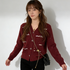 批发V领开衫女2026早春新款新年红小香风飘带亮丝设计<b class='q'>百搭</b>针织衫上衣