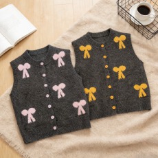 批发2026早春新款蝴蝶结单排扣爆款潮流圆领宽松百搭百牦牛绒针织马甲