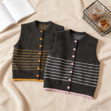 批发2026早春新款条纹单排扣爆款潮流圆领宽松百搭百牦牛绒针织<b class='q'>马甲</b>女