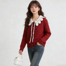 批发温柔甜美蕾丝拼接长袖针织开衫女冬<b class='q'>新款</b>气质蝴蝶结上衣