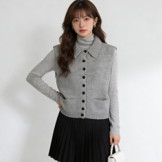 批发韩系简约翻领单排扣无袖针织衫<b class='q'>背心</b>叠穿红色毛衣马甲坎肩外套上衣