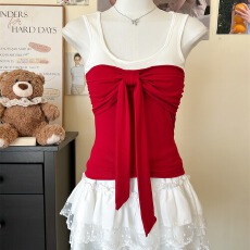 批发2026早春新款撞色自带胸垫吊带<b class='q'>背心</b><b class='q'>蝴蝶</b>结绑带设计感打底上衣美背