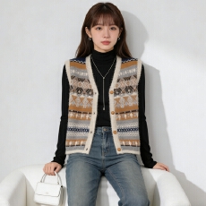 批发韩系复古提花费尔岛马甲女<b class='q'>冬</b>季款叠穿高级感针织背心慵懒无袖上衣