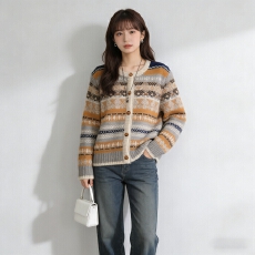 批发韩系复古提花费尔岛毛衣女冬季款叠穿高级感针织开衫慵懒百搭上衣