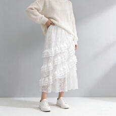 批发2026春季新款韩版小众百搭白色蕾丝网纱拼接松紧腰中长款A字裙女