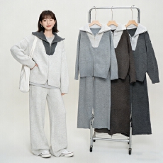 批发2026新款时尚拼接翻领双拉链撞色毛衣针织上衣+休闲阔腿<b class='q'>裤</b><b class='q'>两件套</b>