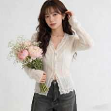 批发韩版花边针织衫女早春新款收腰遮肉内搭长袖V领上衣小众通勤<b class='q'>休闲</b>