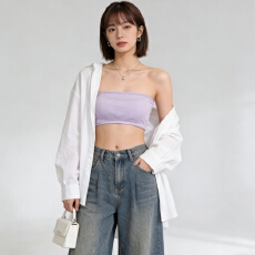 批发春秋纯色人棉无肩带抹胸防滑带胸垫一体裹胸背心打底外穿多色可选