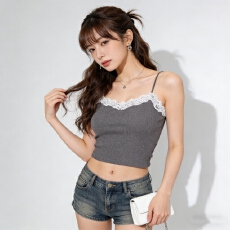 批发2026新款云感养肤螺纹棉一体式蕾丝吊带一字领撞色固定杯美背<b class='q'>内衣</b>