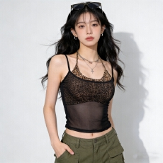 批发实价不退 美式复古辣妹修身短款上衣<b class='q'>背心</b>豹纹挂脖+网纱吊带两件套