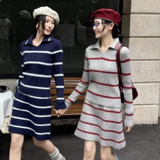 批发美式复古翻领针织套装女秋冬新款条纹套头上衣配半身裙时尚两件套