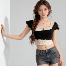 批发实价不退纯欲风人棉波点吊带背心木耳边短袖t恤衫两件套上衣美背