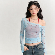 批发实价不退 韩系斜肩假两件上衣挂脖T恤夏蝴蝶结印花辣妹<b class='q'>修身</b>薄款罩