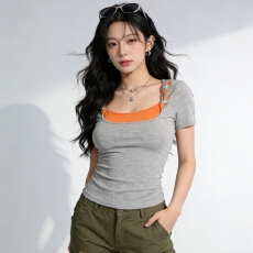 批发实价不退 夏新款反转心结纯欲撞色扭结<b class='q'>打底衫</b>假两件短袖修身上衣