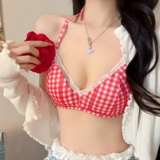 批发冰丝格子花边绑带<b class='q'>抹胸</b>少女内衣吊带背心女内搭美背<b class='q'>文胸</b>一体带胸垫