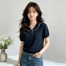 批发冰丝复古<b class='q'>镂空</b>娃娃领短袖<b class='q'>针织衫</b>2026春夏季韩系新款温柔风简约上衣