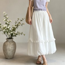 批发2026春季新款韩版白色木耳边花苞裙女A字<b class='q'>中长款</b>半身裙遮胯大摆裙