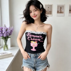 批发温柔甜妹显瘦无肩带美背百搭外穿打底上衣蕾丝花边冰淇淋印花抹胸