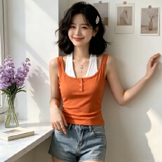 批发夏季韩系假两件挂脖背心女短款修身显瘦内搭纽扣纯欲辣妹<b class='q'>无袖</b>上衣